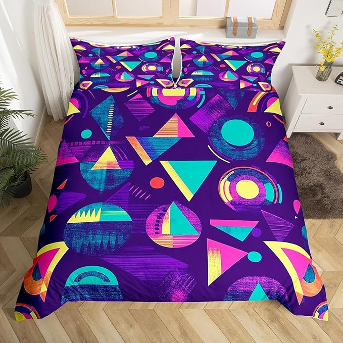 Retro 80s Style Bedding Set Queen,Abstract Geometric Pattern Duvet Cover Urban Modern Design With Circles And Triangle Comforter Cover Colorful Pop Art Inspired Pattern Quilt Cover For Boys Child