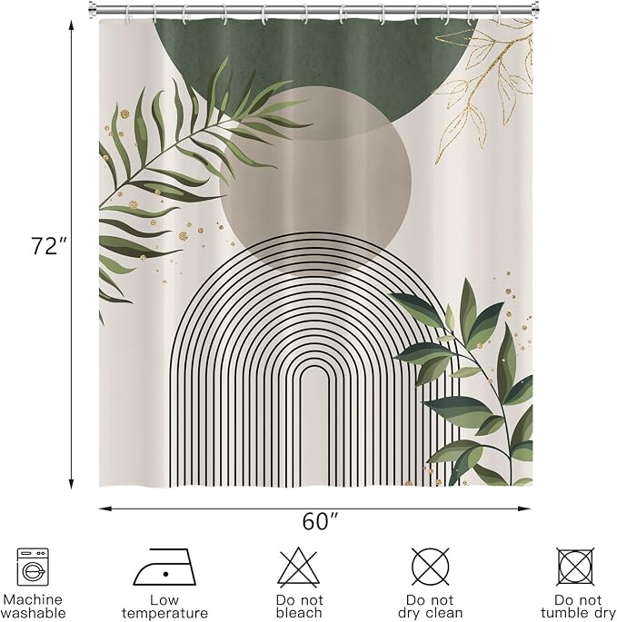Boho Mid Century Shower Curtain, Green Modern Minimalist Abstract Geometric Gold Plant Leaves Sun Arch Bathroom Curtains Waterproof Fabric Buthtub Curtain Set with Hooks 60" Wx72 L