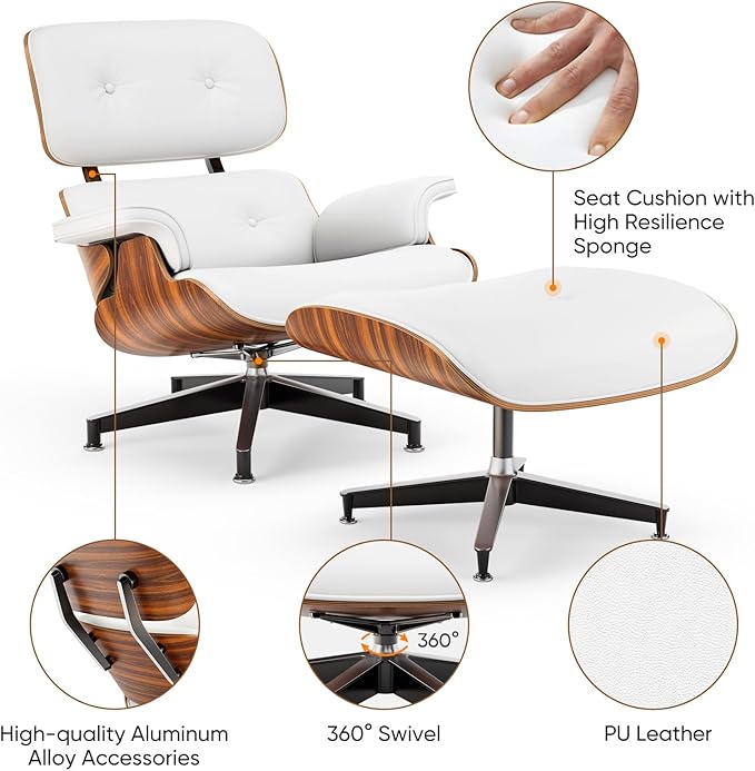 Top White PU Leather, Mid Century Chaise Lounge Chair and Ottoman, Modern Chair Classic Design, Palisander Wood, Heavy Duty Base Support for Living Room Office