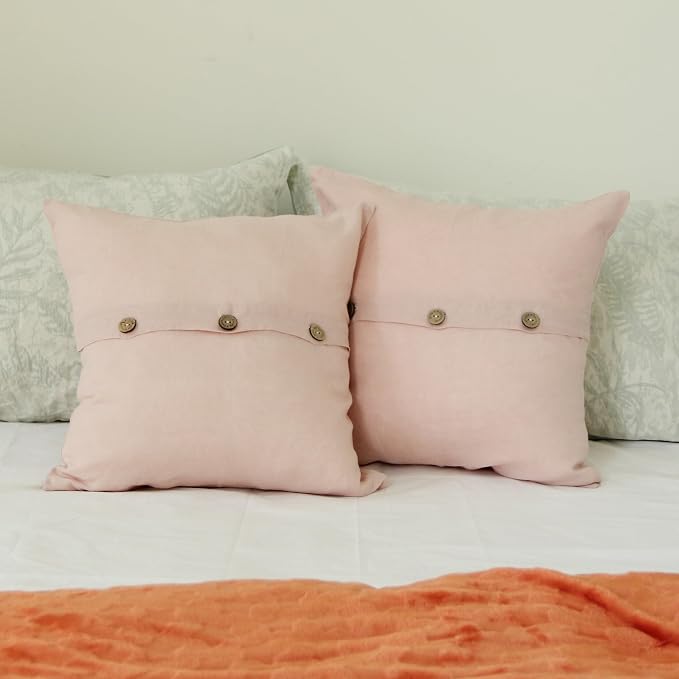 Simple&Opulence Linen Throw Pillow Covers Pack of 2, Triple Coconut Button Vintage Farmhouse Natural Flax Decorative Square Cushion Cover for Sofa Couch Chair - Brush Pink, 18'' x 18''