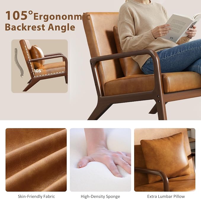 Mid Century Accent Chair with Solid Oak Frame Set of 2, Upholstered Lumbar Pillow Lounge Chair Brown Faux Leather Cozy Leisure Chair Relaxing Retro Living Room Chair for Bedroom Waiting Room