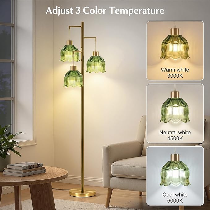 Floor Lamp for Living Room,Bedroom, Vintage 3 Light Standing Lamp Mid Century Modern Gold Tree Tall Floor Lamps Retro Floor Lights Green Glass Flower Lamp Shade Farmhouse Boho Bohemian