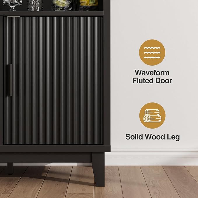 Fluted Buffet Cabinet with Storage, Modern Coffee Bar Cabinet with Outlet, Removable Wine Rack, Multi-Functional Accent Liquor Cabinet for Living Room, Entryway, Kitchen, Black
