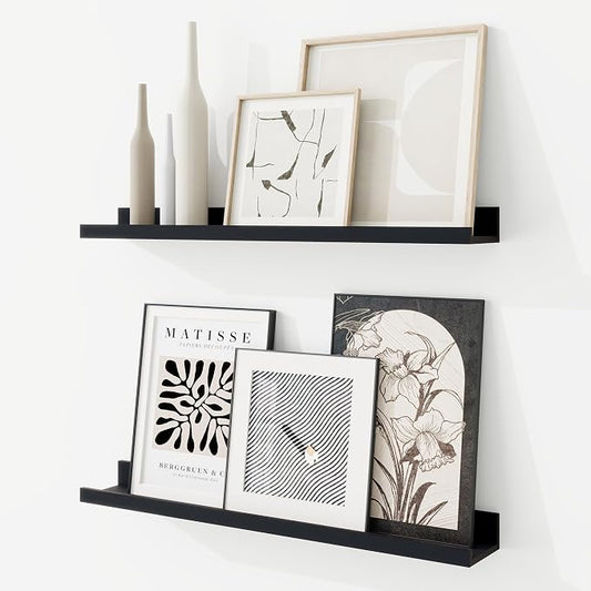 RICHFOCUS Picture Ledge Shelf, 24 inch Floating Shelves Set of 2, Wood Wall Shelves with Lip, Wall Decor Storage for Bedroom Living Room Bathroom Kitchen Nursery Photo Picture, Black