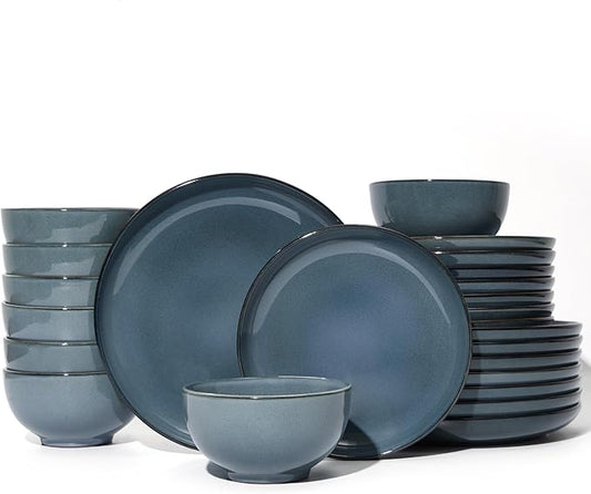 24 Piece Dinnerware Set for 8, Santorini Mist Terracotta Plates and Bowls Sets, Complete Stoneware Dish Set for Large Families and Entertaining, Microwave & Dishwasher Safe, Jeans Blue