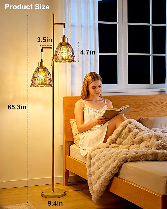2-Light Modern Glass Floor Lamp, Gold Tall Standing Lamp with Amber Lace Glass Shade for Reading, Dimmable LED Floor Lamp with 5Lbs Heavy Base for Living Room Bedroom Home Decor, Bulb Included