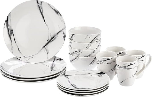 American Atelier Marble Black Coup Casual Round Porcelain Dinnerware Set-16 Piece Party Collection w/ 4 Dinner Salad Plates, 4 Bowls & 4 Mugs, 10.5", White
