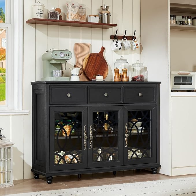 Farmhouse Sideboard Buffet Cabinet with Storage,48" Large Credenza with 3 Glass Doors & 3 Drawers,Adjustable Shelves Console Table,Wood Kitchen Coffee Bar for Dining Room,Kitchen,Black
