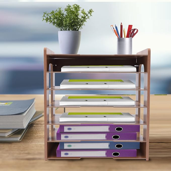 7Tier Widen Wood Office Paper Organizer, File Organizer Desktop,Document Letter Mail Tray Sorter,File Holder Desk Letter Tray, Sorter Document Book Magazine Storage Shelf Rack 14.17 * 9.84 * 15.16in