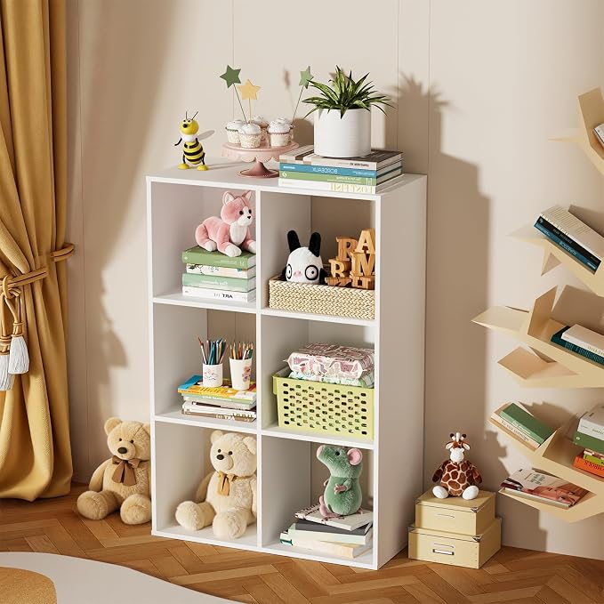 6 Cube Storage Organizer, Open Bookshelf Storage Cubes Shelf with Back Panel, Wooden Display Shelf Bookcase Standing Shelves for Living Room, Bedroom, Home Office (White, 6-Cube)