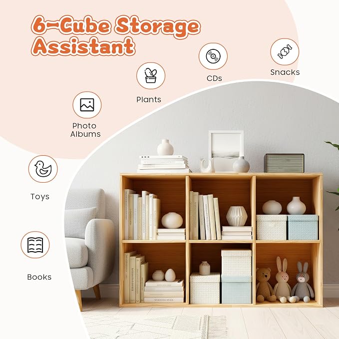 6 Cube Storage Shelf, 2-Tier Solid Wood Cube Storage Organizer, Vertical or Horizontal Floor Standing Open Bookcase for Bedroom, Study, Bookstore & Office
