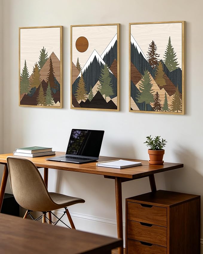 KUVIOKE Morden Mountains Framed Wall Art Boho Pine Tree Forest Nature Landscape Artwork Bohemain Farmhouse Rustic Bedroom Living Room Decor 16x24in (Natural Framed)