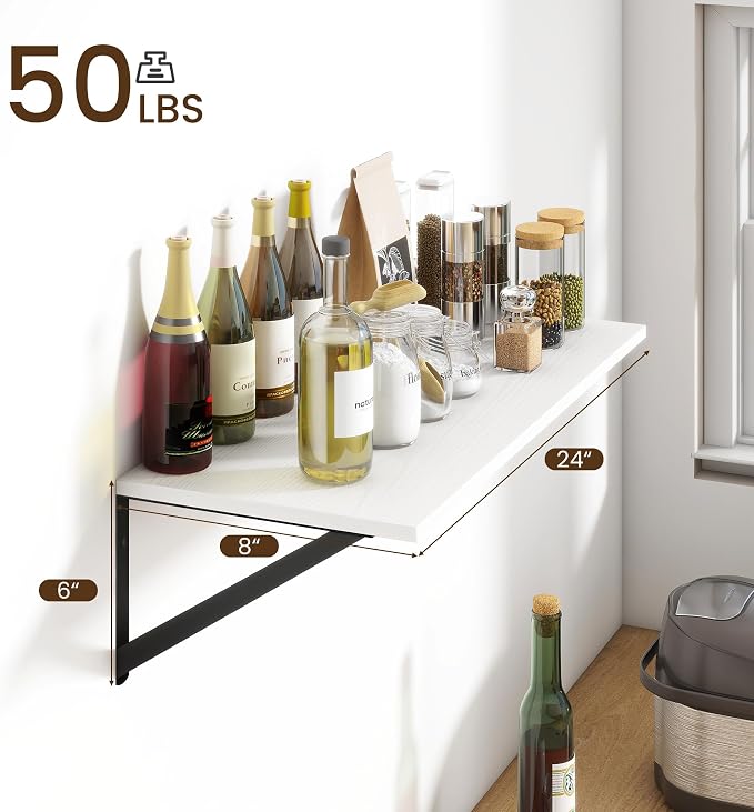 Fun Memories Deep Floating Shelves for Wall, 24W x 8D Wall Mounted Shelves Set of 2, Wide Display Ledge Shelf with Sturdy Metal Brackets for Living Room, Bathroom, Bedroom and Kitchen, White
