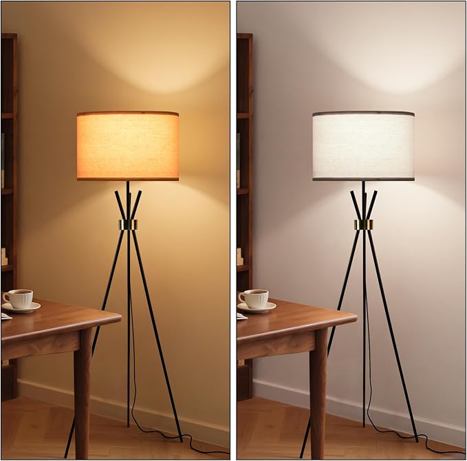 Tripod Lamps for Living Room, Mid Century Floor Lamp with Beige Drum Shade, Standing Lamps for Living Room, Bedroom, Office(Bulb Not Included)