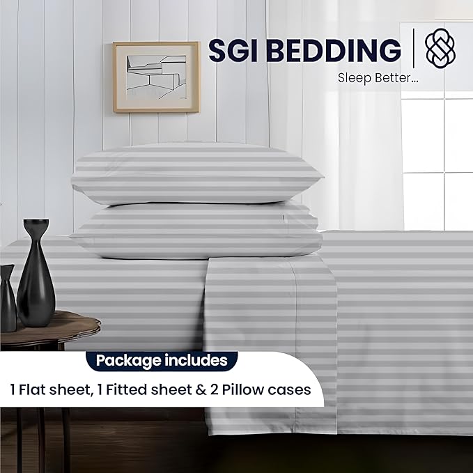SGI bedding RV Short Queen Sheet Set 60x75, 600 TC Egyptian Cotton, 4 Piece Luxury Hotel Collection, Ultra Soft & Breathable, Fits RV Mattress Camper & Trailer, 15 Inch Pocket, Light Grey Stripe