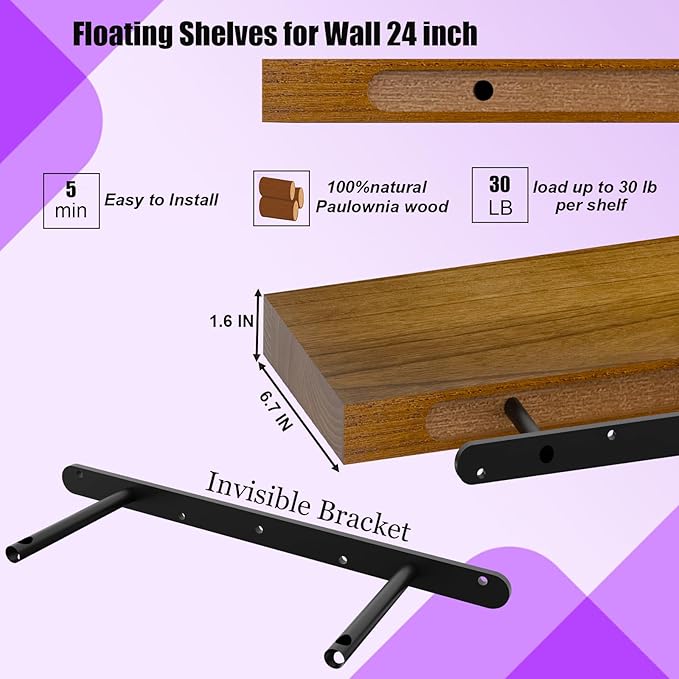 IAE Walnut Floating Wall Shelves 24 inch, Bathroom Shelf Wall Mounted,Invisible Shelf Floating Kitchen Shelves,Wooden Wall Shelving with Brackets for Living Room Wall Mounted,Easy Install,Set of 2
