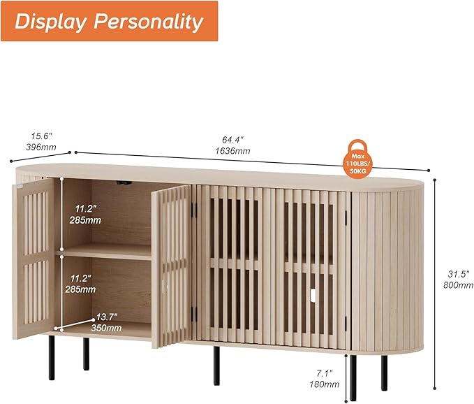 WAMPAT Sideboard Buffet Cabinet with 4 Fluted Doors, 64" Wood Accent Storage Cabinet with Curved Design, Mid-Centery Modern Credenza for Dining Room, Kitchen, Hallway, Natural
