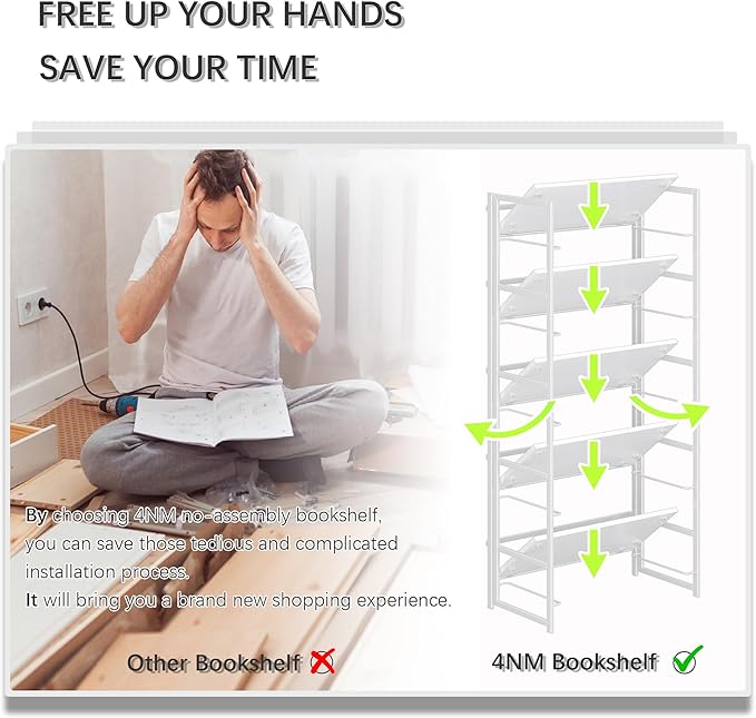4NM No Assembly 5 Tiers Collapsible Book Shelves, 51.2" H Folding Bookshelf Bookcase Open Industrial Foldable Shelves for Bedroom, Living Room, Home Office - All White