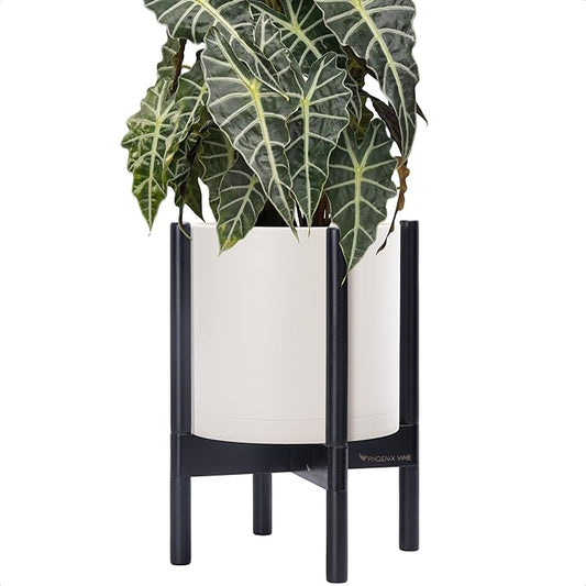 D'vine Dev Planter Pot with Stand - 10 Inch Plastic Cylinder Flower Pot with Wood Planter Holder for Indoor, Oatmeal Pot + Ebony Stand, 55-C-N-4