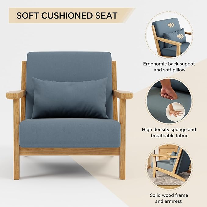 Solid Wood Accent Chair Mid-Century Modern Lounge Armchairs, Fabric Upholstered Soft Comfy Living Room Chairs with Armrest Waist Cushion Pillow for Office Reading Waiting Room (Blue)