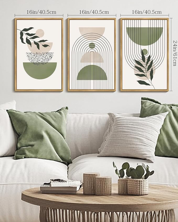 Drsoum Green Botanical Boho Wall Art Framed Modern Sage Bohemian Plant Wall Decor Abstract Geometry Lines Prints Ready to Hang 16x24in Natural Framed