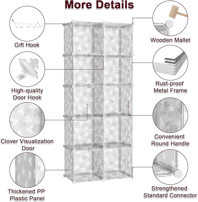 C&AHOME Cube Storage Organizer with Doors, 10-Cube Shelves, DIY Plastic Modular Bookshelf, Closet Clothes Storage Shelving Ideal for Bedroom, Living Room, Clover Embossed, White