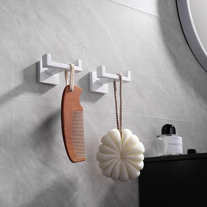 GERZWY Stainless Steel Double Towel Hook Heavy Duty Wall Mounted Robe Coat Hook for Bathroom 2 Pack, White