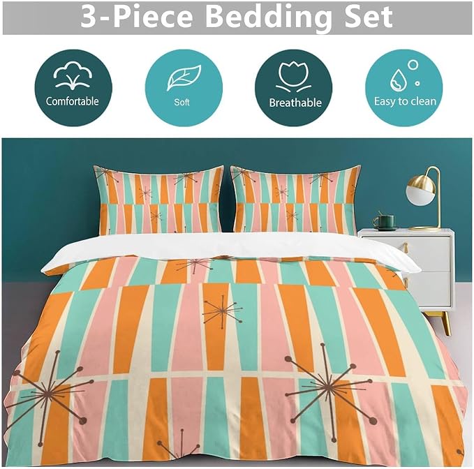 Modern Mid Century Duvet Cover Queen Retro Atomic Bedding Set, Rainbow Grid Comforter Cover Vintage Fifties 1950s Bed Set，Abstract Art Bedding 3 Piece (1 Duvet Cover 102"x90" + 2 Pillow Sham 20"x30")