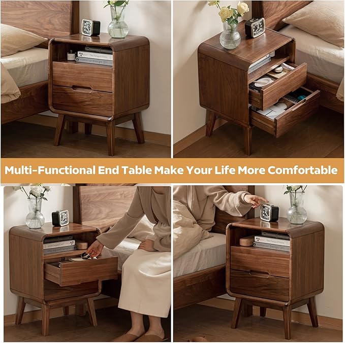 Solid Wood Nightstand, Walnut Night Stand with 2 Drawers and Open Storage, Mid Century Modern Nightstands for Small Space, Bedside Table for Bedroom, Dorm(23.23" H)