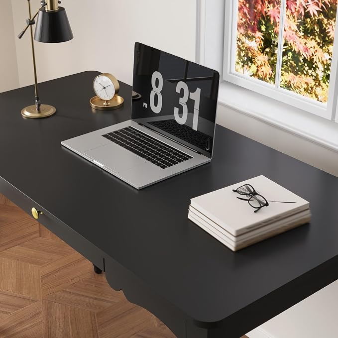 Timechee 47 inch Study Computer Desk, Black Office Work Desk with a Storage Drawer for Bedroom, Mid-Century Modern Computer Study Writing Table with Roman Column Legs for Home Office, Living Room