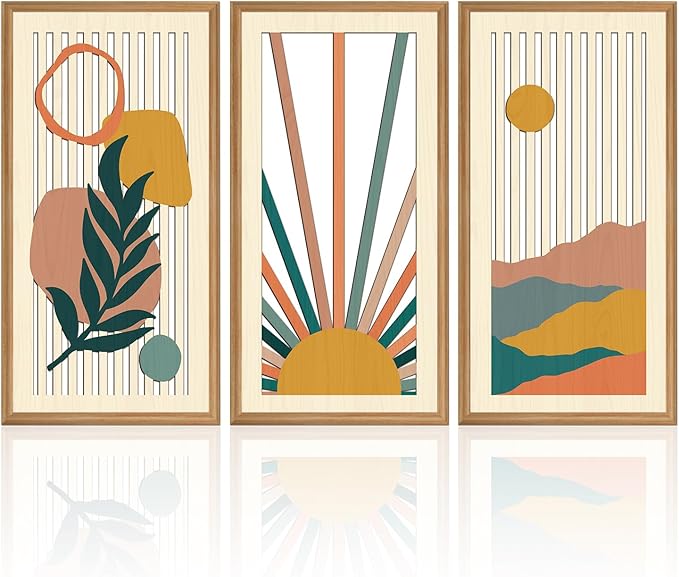 IARTTOP 3Pcs Boho Sunrise Wood Wall Decor Abstract Nature Mountain Wall Art Botanical Mid Century Artwork Minimalist Geometric Art Prints for Living Room Bedroom Office Decoration 8 x16Inch Framed