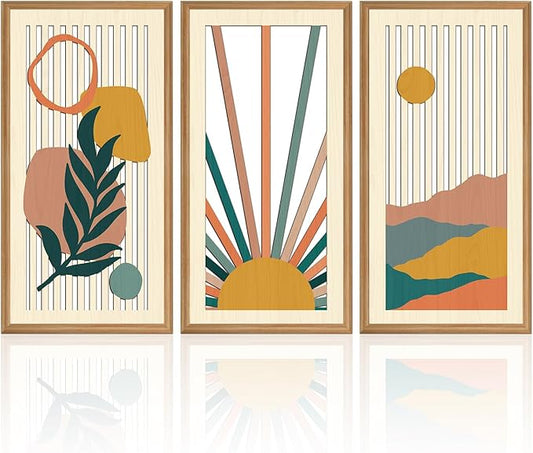 IARTTOP 3Pcs Boho Sunrise Wood Wall Decor Abstract Nature Mountain Wall Art Botanical Mid Century Artwork Minimalist Geometric Art Prints for Living Room Bedroom Office Decoration 8 x16Inch Framed