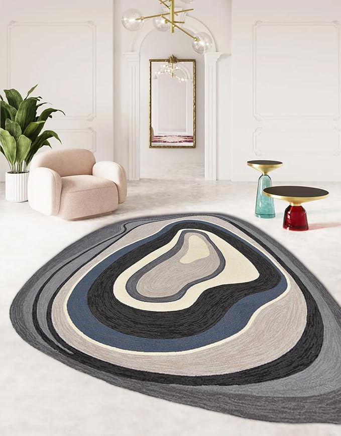 Modern Minimalist Art Texture Irregular Rug 6x9 Beige Black Gray Abstract Shaped Area Rug for Living Room Bedroom Nursery Washable Low Pile Shaggy Carpet Under Dining Table Non Skid Floor Mats