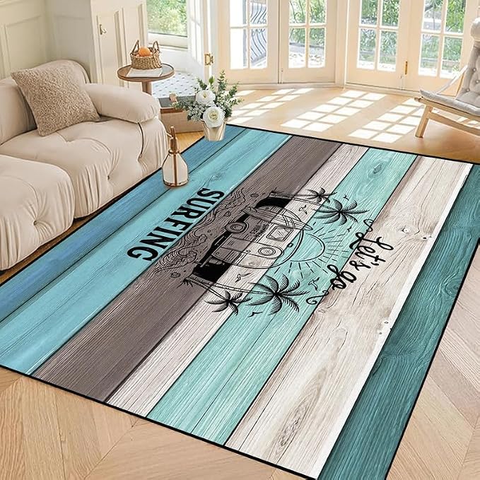 Surfing Area Rug Beach Van Palm Tree Carpet Retro Wood Grain Striped Rugs Non Slip Washable Floor Mat for Bedroom Living Room Nursery Playroom Classroom Home Decor,5'x7'
