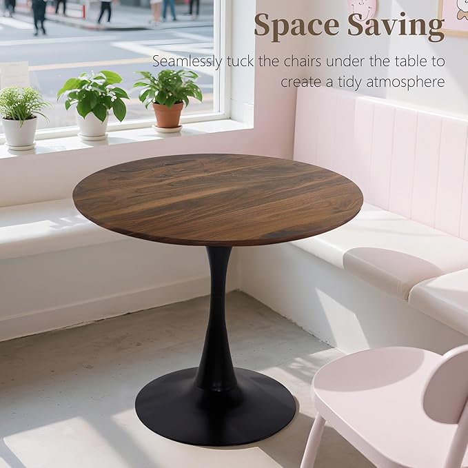24 Inch Round Dining Table,Mid-Century Tulip Table with Metal Pedestal Base,Modern Leisure Table for Small Space Kitchen Dining Room,Easy Assembly,Walnut and Black