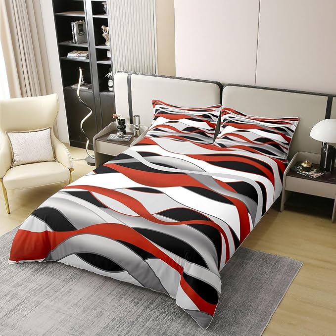Erosebridal Red Grey Black Lines Bedding Set King Modern Wave Stripe 100% Cotton Duvet Cover Striped Lines Comforter Cover for Kids Teens Adults Geometric Spiral Print Bed Set 3 Pcs