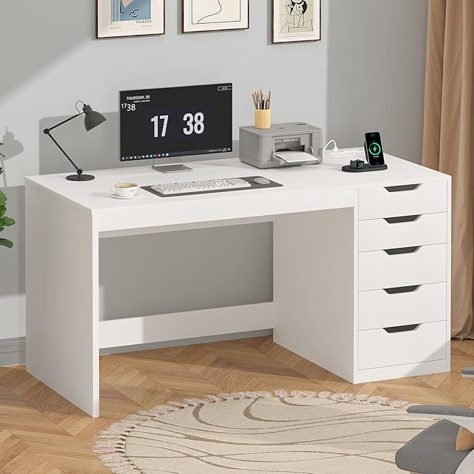 YOMILUVE 47 Inch Computer Desk with 5 Drawers and Power Outlets, Home Office Desks with Storage File Cabinet, Modern Simple Laptop Desk Writing Table for Small Spaces, White