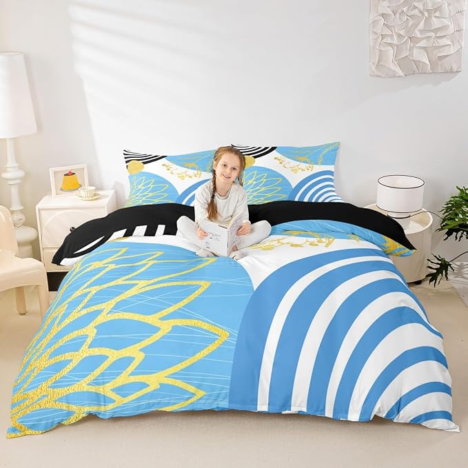 Erosebridal Sky Blue Boho Modern Twin Comforter Cover for Women Men Adults - Mid Century Abstract Duvet Cover Bohemian Geometric Bed Set Chic Contemporary Stripes Bedding Set