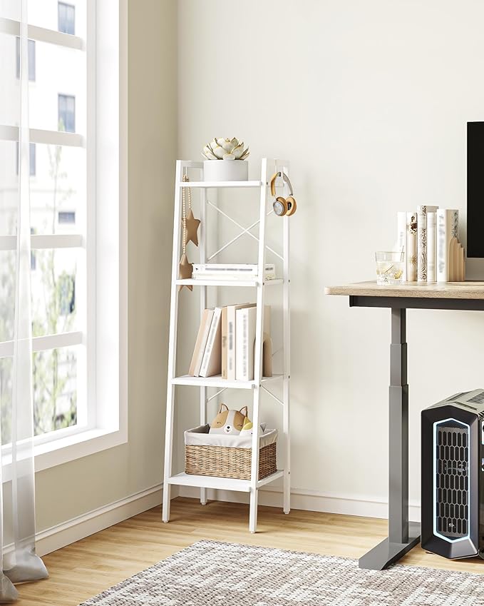 Hzuaneri Ladder Shelf, Bookshelf Bookcase, Freestanding Corner Storage Shelve with 2 Hooks for Home Office, Living Room, Kitchen, Bedroom, Industrial, 4-Tier White BC13213W
