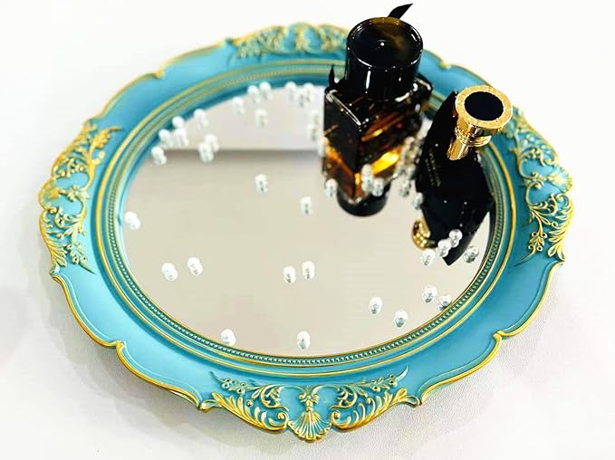 Mirror Tray, Oval Vintage Decorative Wall Mirror, Jewelry Dresser Organizer Cosmetics Storage Tray, Hanging Mirror(15”x 13.4”) (Blue - Oval)