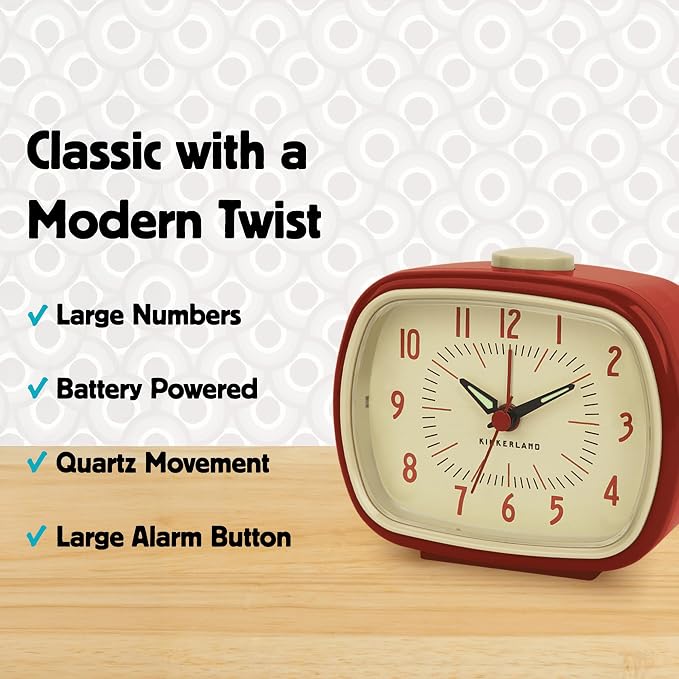 Kikkerland Retro Alarm Clock – Vintage Decor for Bedroom, Nightstand, Living Room, or Office – Battery Operated, Decorative Analog Clock, Red