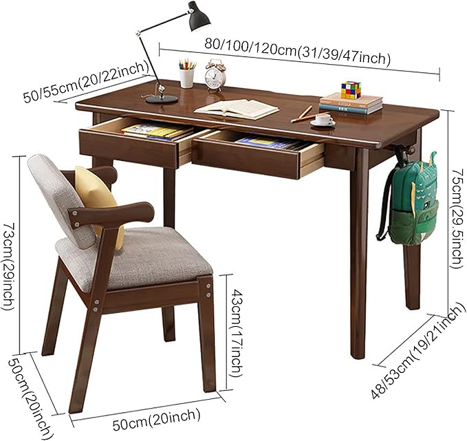 Solid Wood Writing Desk with Drawers,Mid-Century Modern Computer Desk Work Study Table,Simple Home Office Desk Workstation with Hook for Small Spaces(80x50x75cm(31x20x30inch), Walnut), 1762093