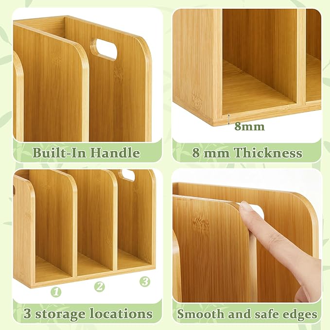 Novabright Bamboo File Magazine Holder Desk Organizer, 3 Vertical Compartments Workspace Sorters for Magazines, Binders, Notebooks, Envelopes(with Handle)