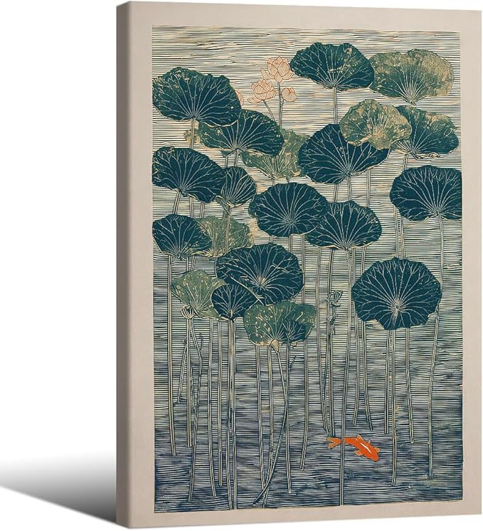 Wrapped Framed Lotus And Koi Canvas Poster Japanese Floral Botanical Pond Wall Art Retro Oriental Asian Prints Decor for Bedroom Zen Meditation Room Home 20x30 inch