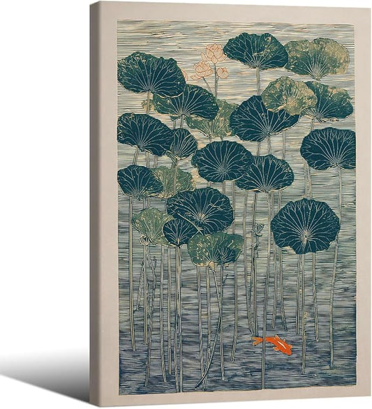 Wrapped Framed Lotus And Koi Canvas Poster Japanese Floral Botanical Pond Wall Art Retro Oriental Asian Prints Decor for Bedroom Zen Meditation Room Home 24x36 inch