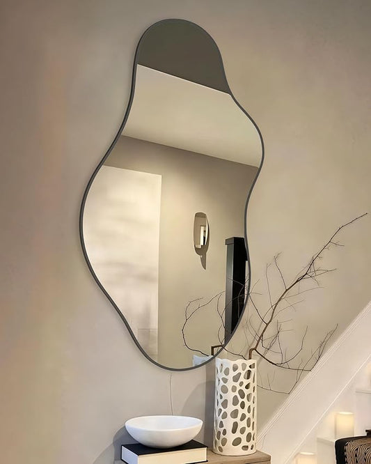 Irregular Wall Mirror 20×36 Inch Wall Mirrors Decorative Black Modern Asymmetrical Abstract Mirror for Bathroom Bedroom Living Room Entryway Hallway