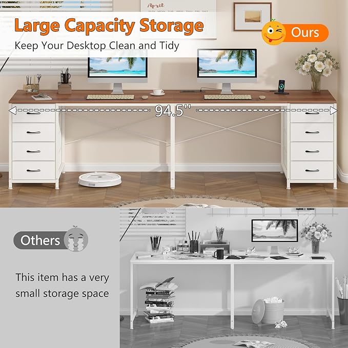 YOMILUVE 95'' Two Person Desk with 8 Drawers, Long Office Desk with Charging Station, 2 Person Desks Double Desk Writing Study Table for Home Office, Brown and White