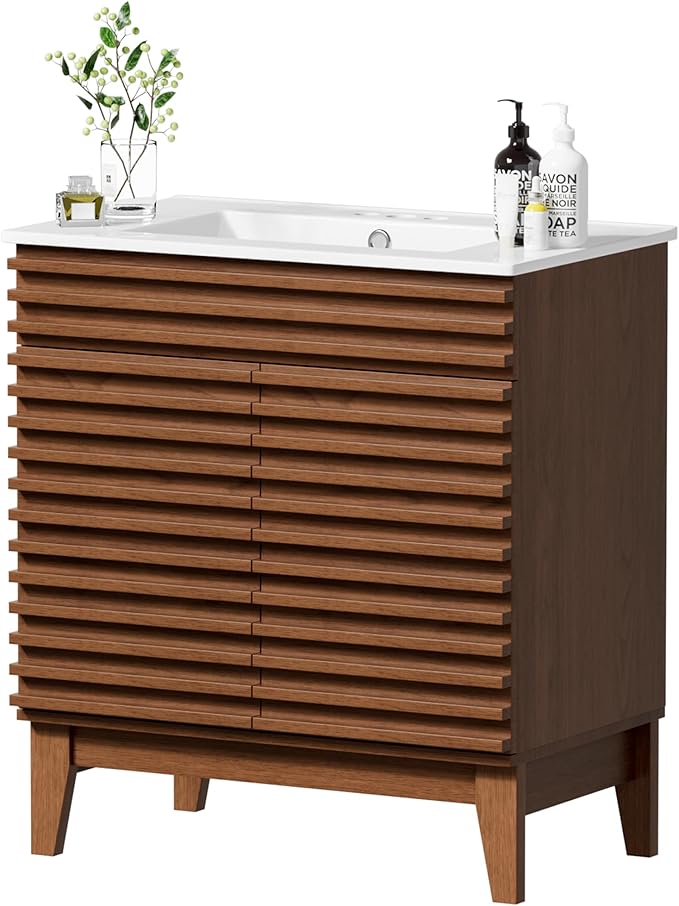 APRILSOUL 30" Bathroom Vanity with Ceramic Sink, Mid-Century Bathroom Vanity Cabinet with 2 Soft Closing Doors, Freestanding Bathroom Cabinet, Particleboard Frame with Wood Grain Laminate, Walnut