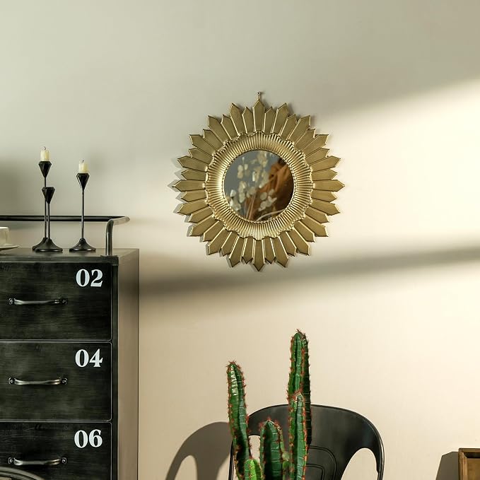 NIKKY HOME Vintage Sunburst Round Wall Mirror, 17.8 Inch Metal Framed Decorative Large Mirror for Bathroom, Living Room, Office, Gold Finish