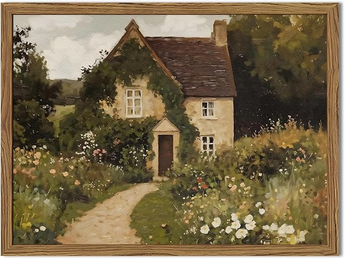 Vintage Cottage Core Wall Art, Farmhouse Landscape Wall Decor Painting Country House Artwork 3D Textured Hand Drawn Sandstone for Bedroom Living Room 12x16 inch Wood Framed
